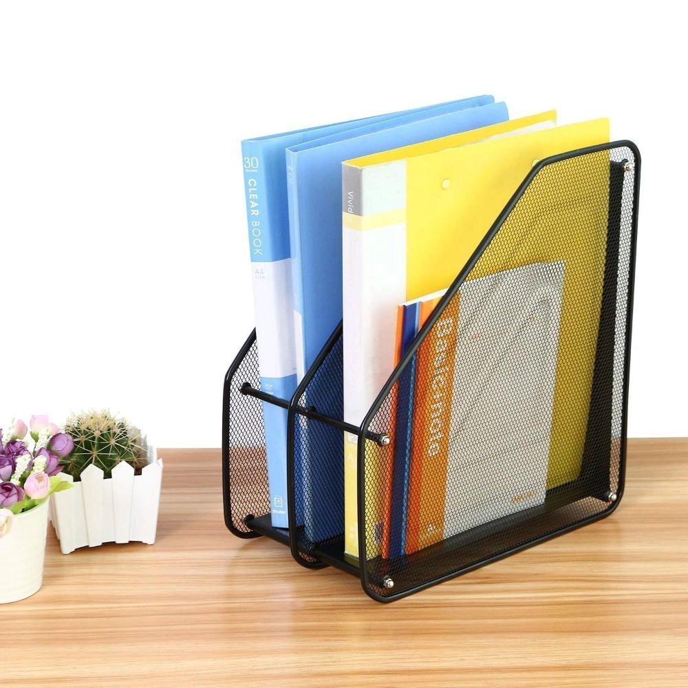 2 Layer Metal Mesh Magazine Document Holder File Rack, Black
