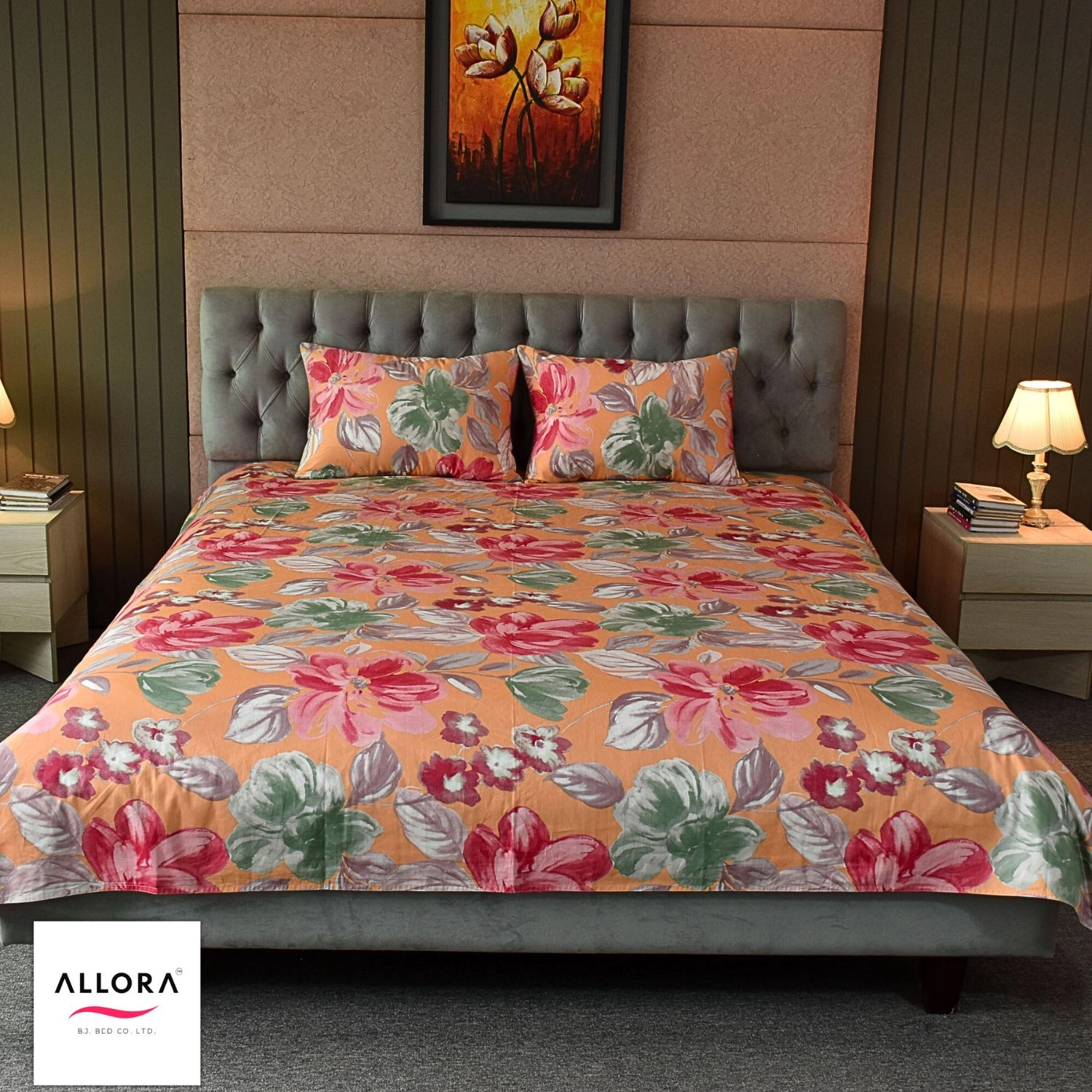 Watercolour Flora Printed Bed sheet – Orange