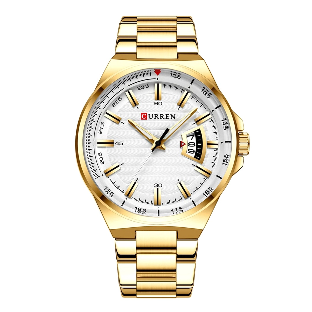 CURREN 8375 Golden Stainless Steel Analog Watch For Men - White & Golden