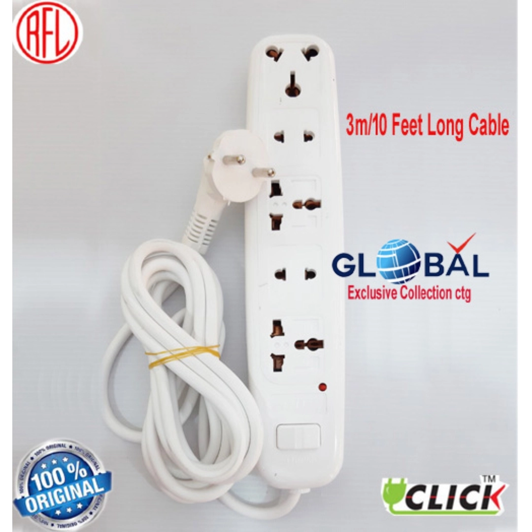 Multi Extension 2 Pin Click Socket 5 Port 9 Feet Cable power extension ...