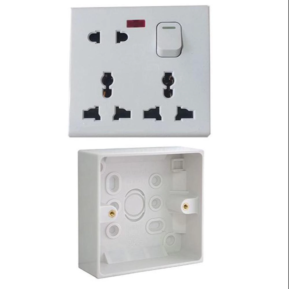 Socket With Box 1 Gang Universal 8‑Pin Socket with Switch – 2‑Pin & 3‑Pin Combined