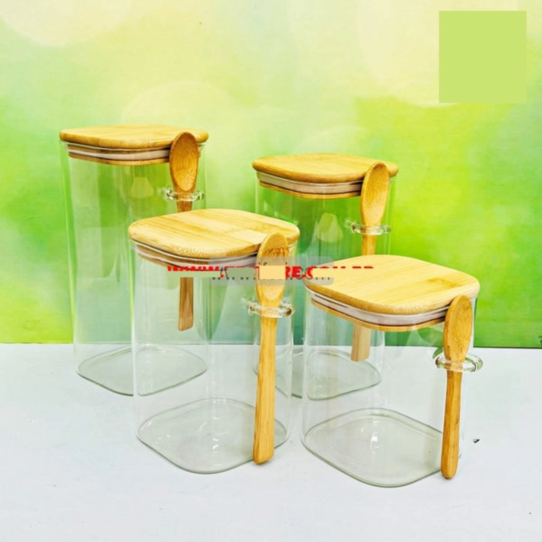 4 Pcs Airtight Glass Cookie Jar OR Spice Jar Set with Spoon