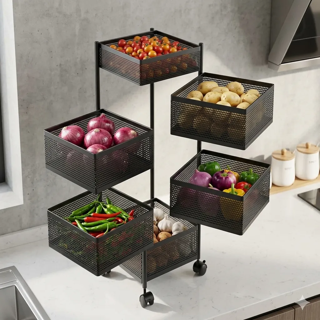 6 Tier Square Metal Storage Rack Kitchen Vegetable & Fruit Basket Stand ...