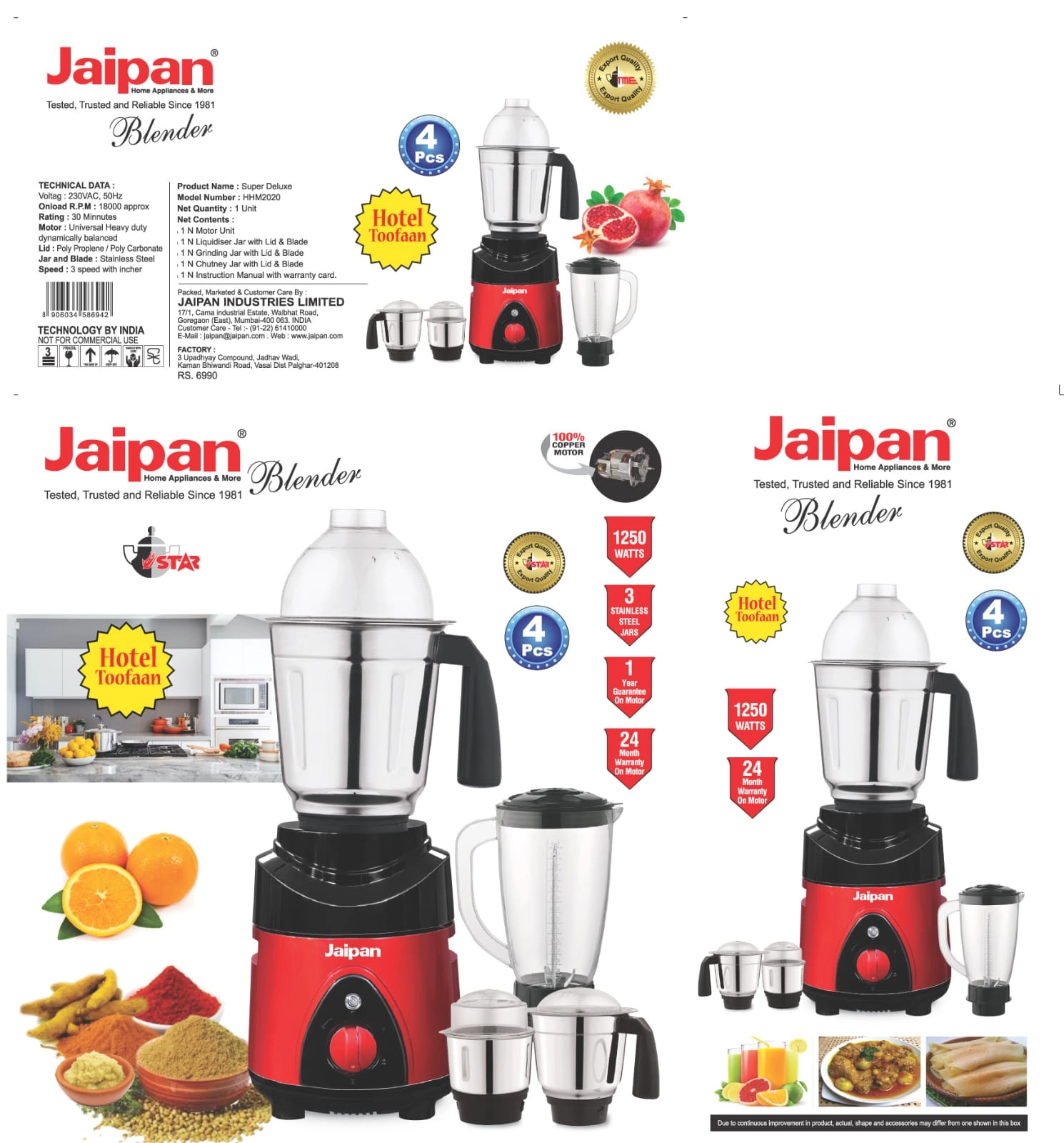 4 in1 1250w Electric Grinder & Blender Jaipan Hotel Toofaan Made in INDIA
